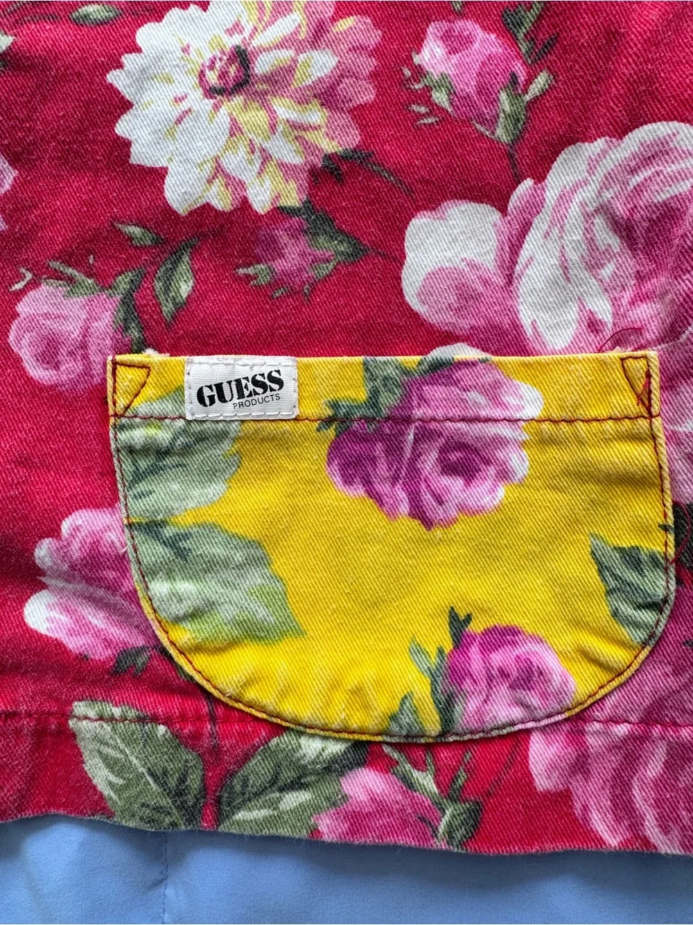 90’’s Guess Girls’ Floral Denim Two-Piece Set Shirt Skirt Red Yellow Size 6